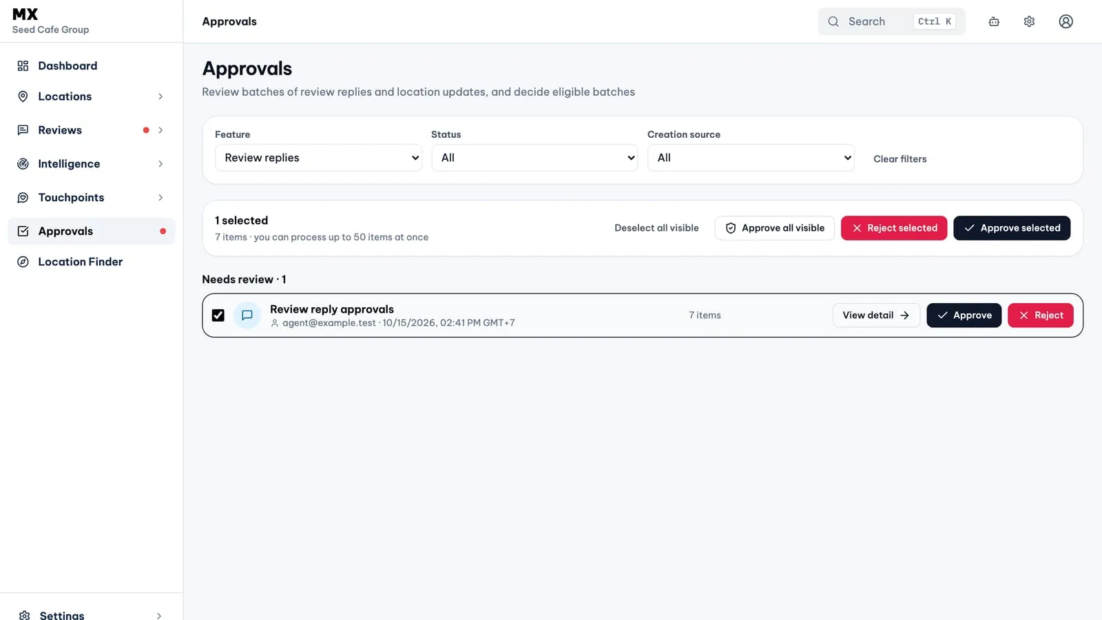 The MX Approvals page filtered to Review replies, with one batch of seven sample review replies selected under Needs review and the Approve selected and Reject selected buttons active