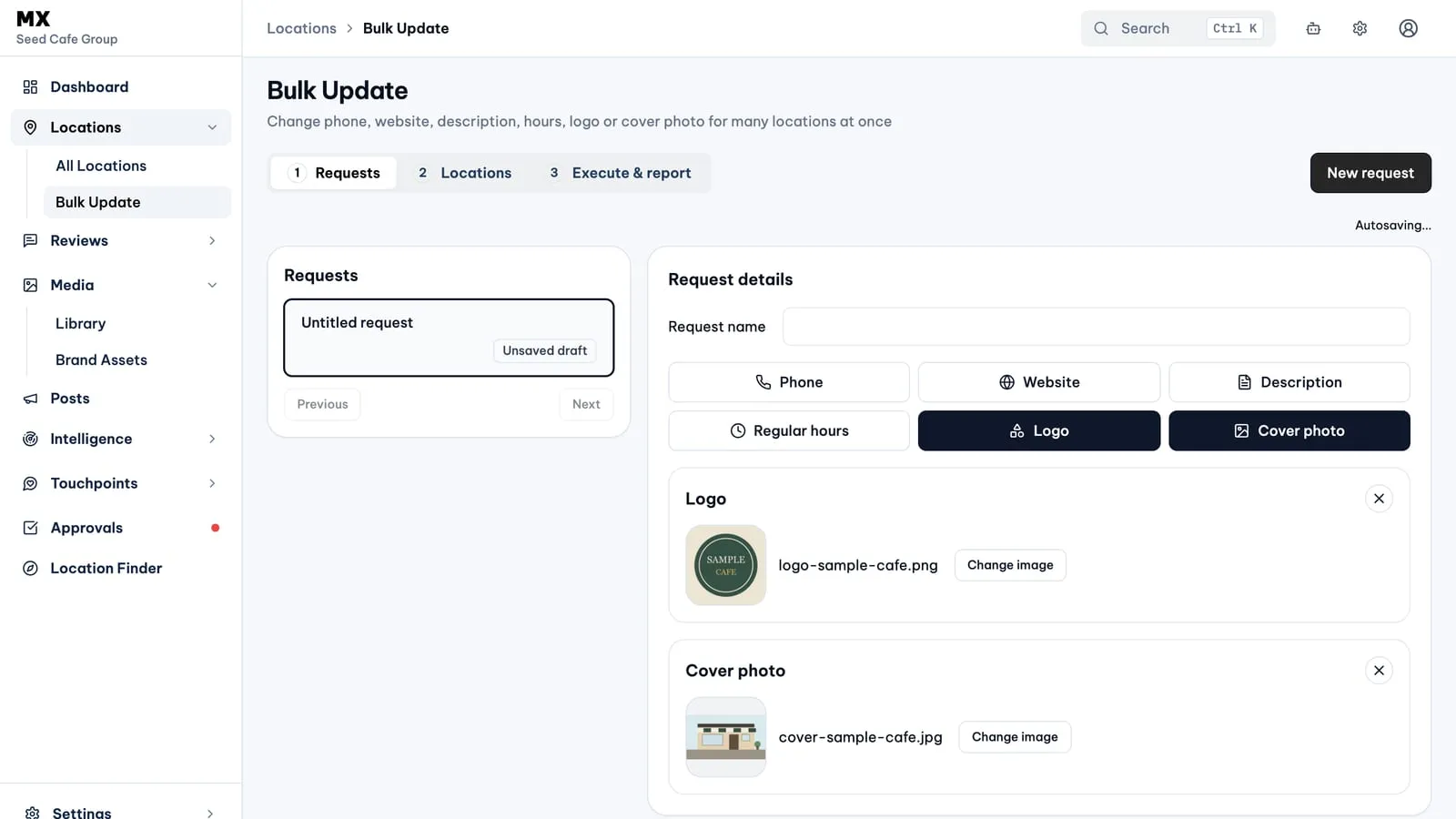 The MX Bulk Update request opened from Brand Assets, with the Logo and Cover photo change cards filled in with a sample cafe logo and cover photo