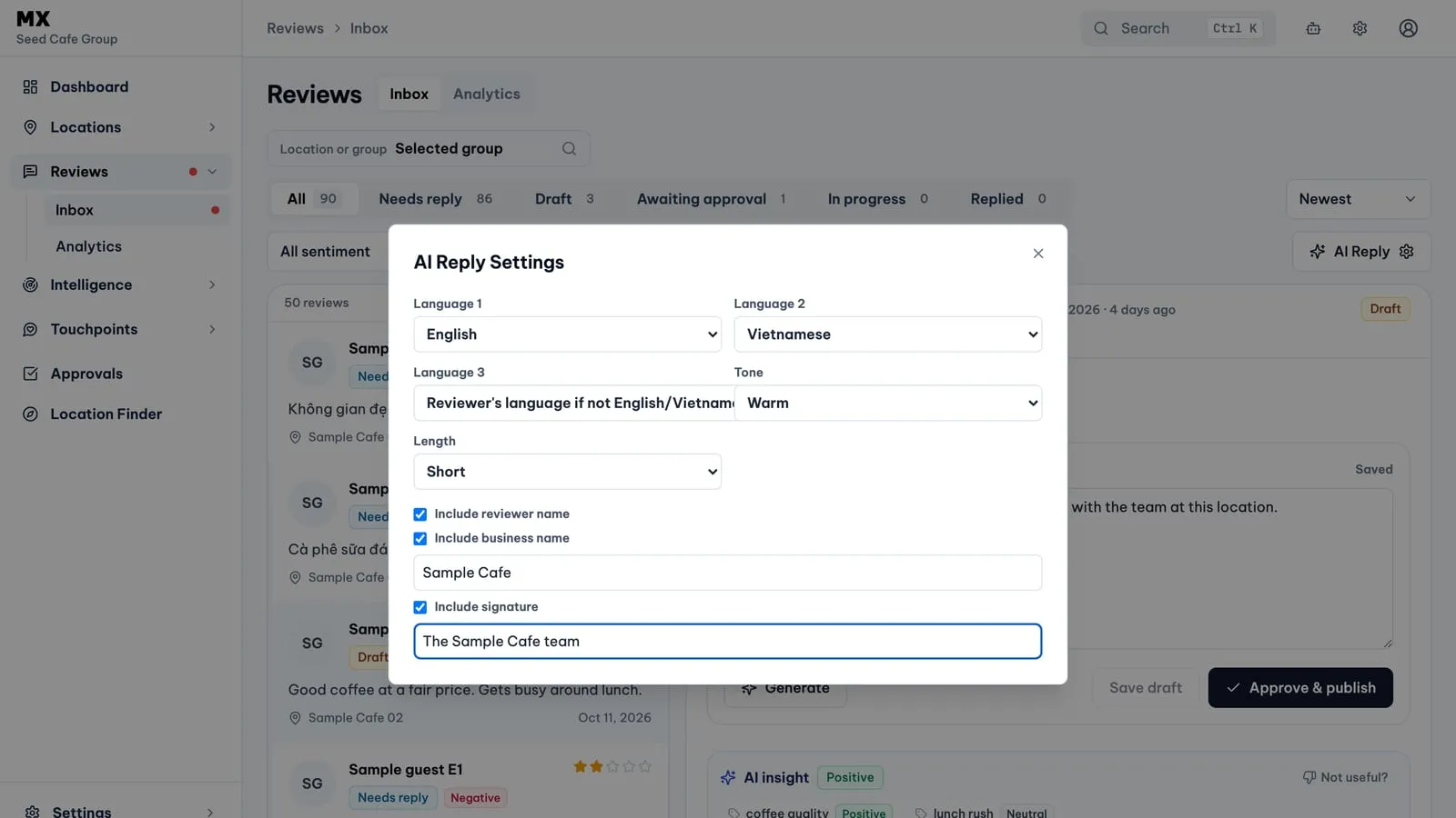 The AI Reply Settings panel open over the MX Review Inbox, with English and Vietnamese as reply languages, a warm tone, short length, a sample business name and a sample signature