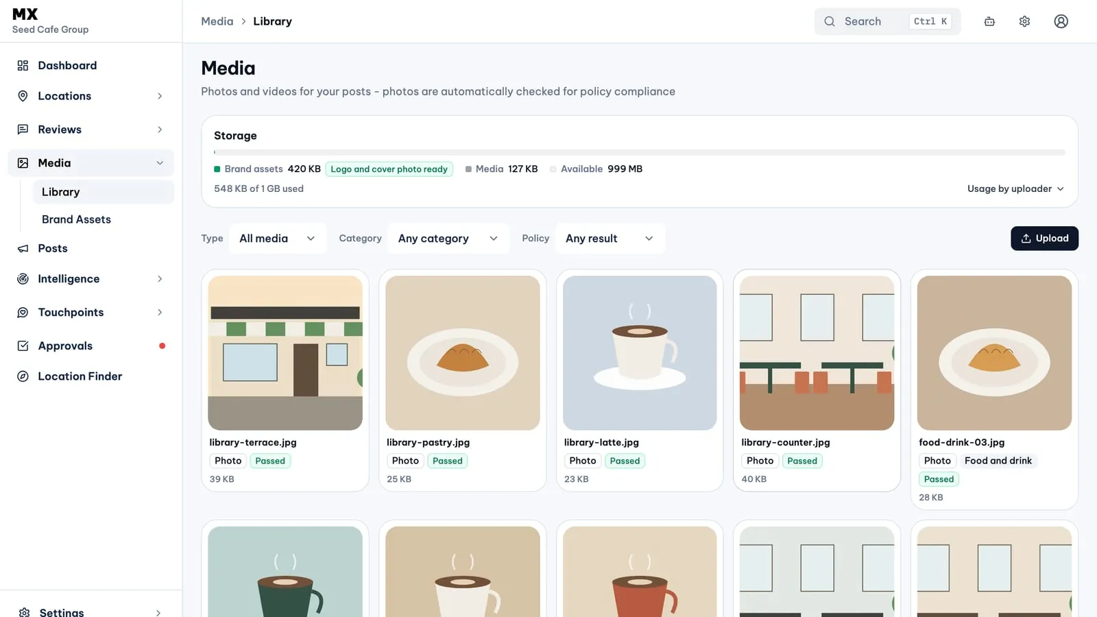 The MX Media library with the storage bar split into brand assets and media, type, category and policy filters, and a grid of sample cafe photos marked Passed