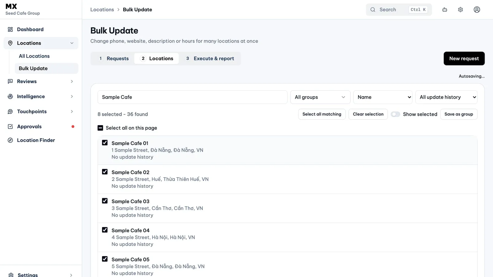 The Locations step of a Bulk Update request in MX, with eight sample cafes selected, a group filter and Select all matching