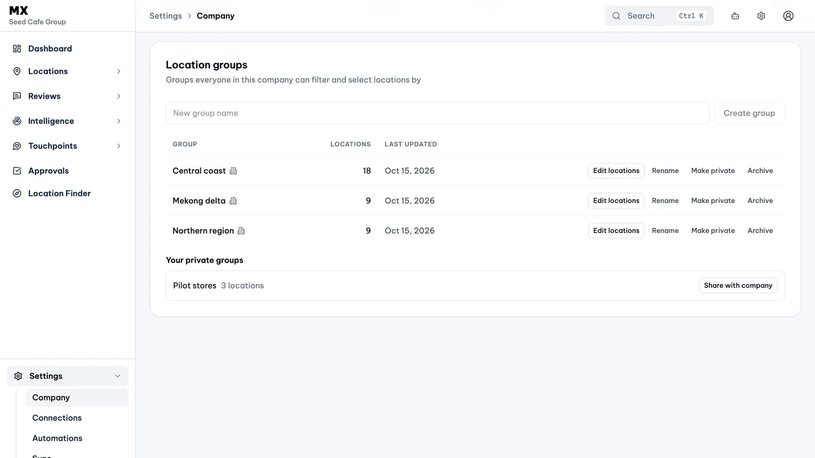 The Location groups card in MX company settings, listing three sample company groups and one private group