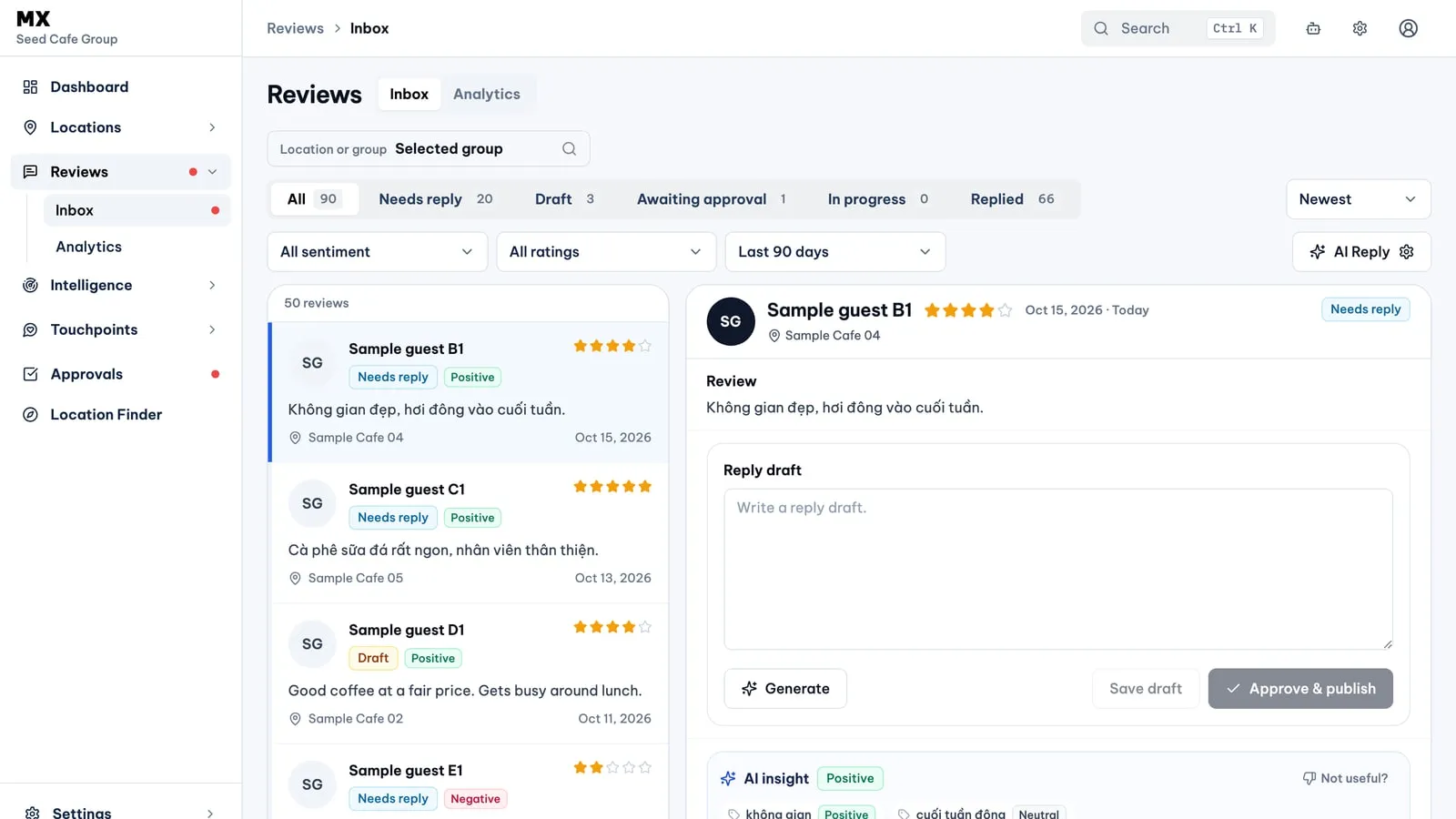 The MX Review Inbox filtered to a group of sample cafes, with status tabs, a list of sample reviews and the reply draft panel for one review