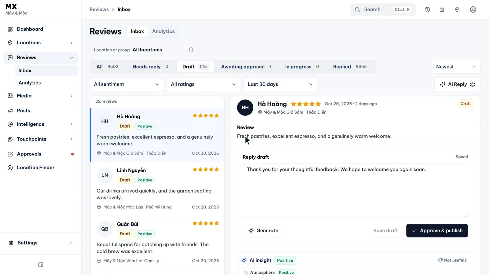 The MX Review Inbox for a sample café network, with the Draft tab open, a five-star review selected and its saved reply draft beside Generate and Approve and publish