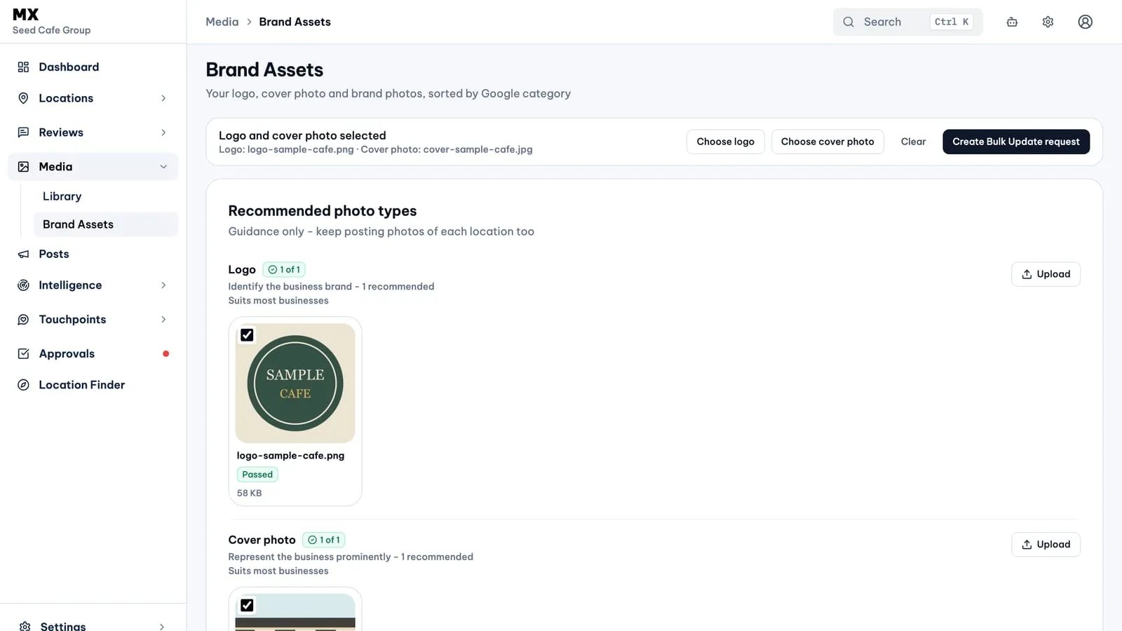 MX Brand Assets with a sample cafe logo and cover photo selected, the Create Bulk Update request button and the Recommended photo types checklist