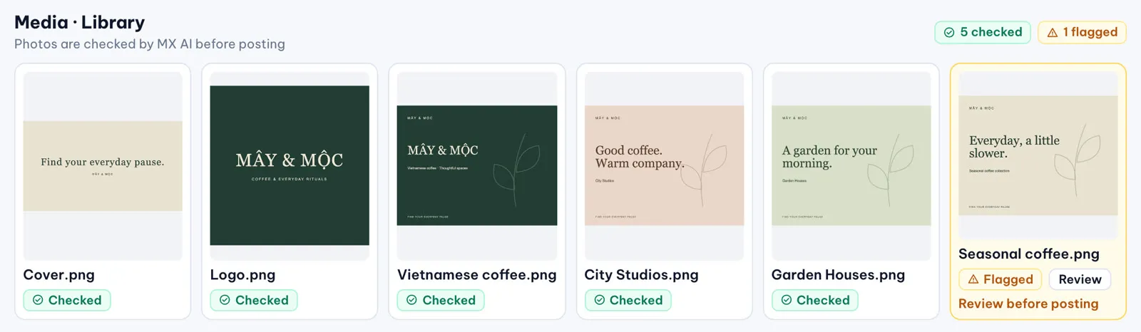 Illustration of the MX media library for a sample café brand, with five photos marked Checked and one marked Flagged with a Review before posting note