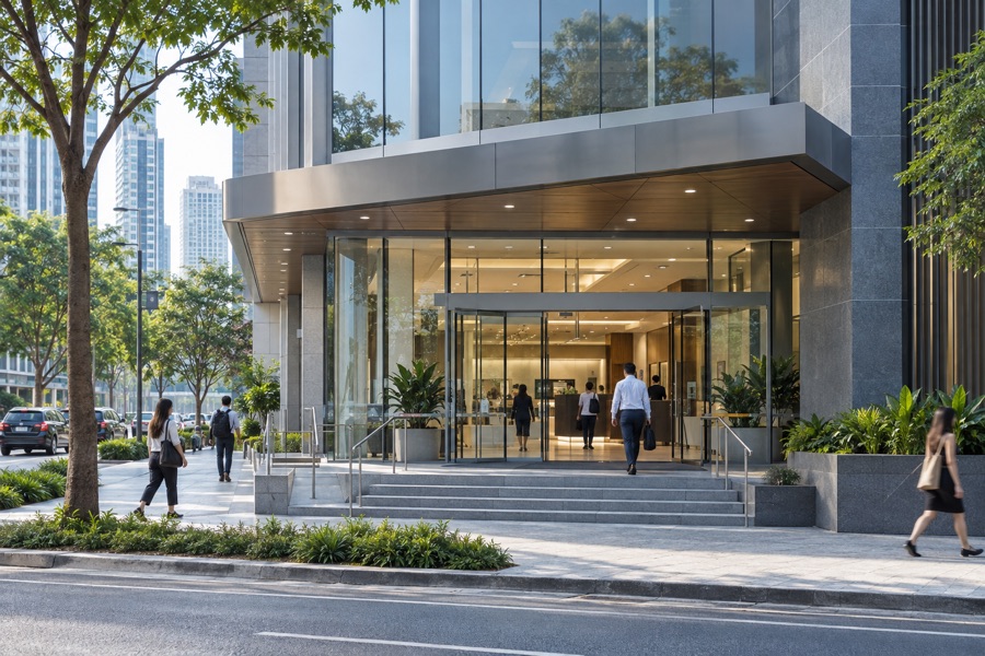 A modern bank branch in a Southeast Asian city
