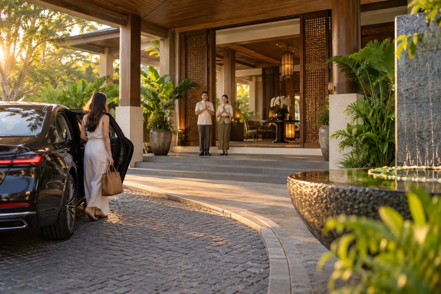 Guests arriving at a boutique hotel in Southeast Asia